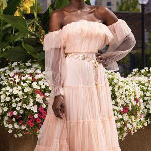 Blush tulle off-the-shoulder dress